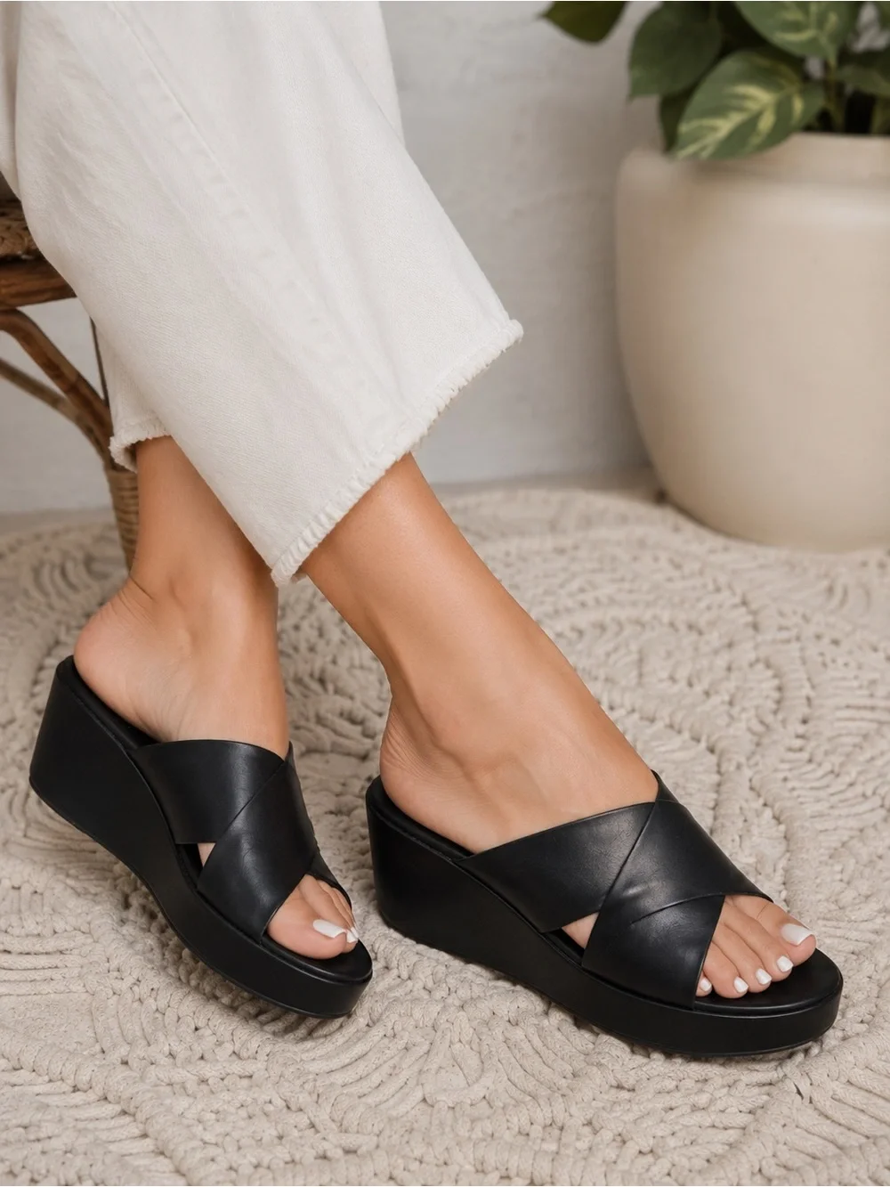 Kork-Ease Madera Black Leather Platform Wedge Slide Sandals